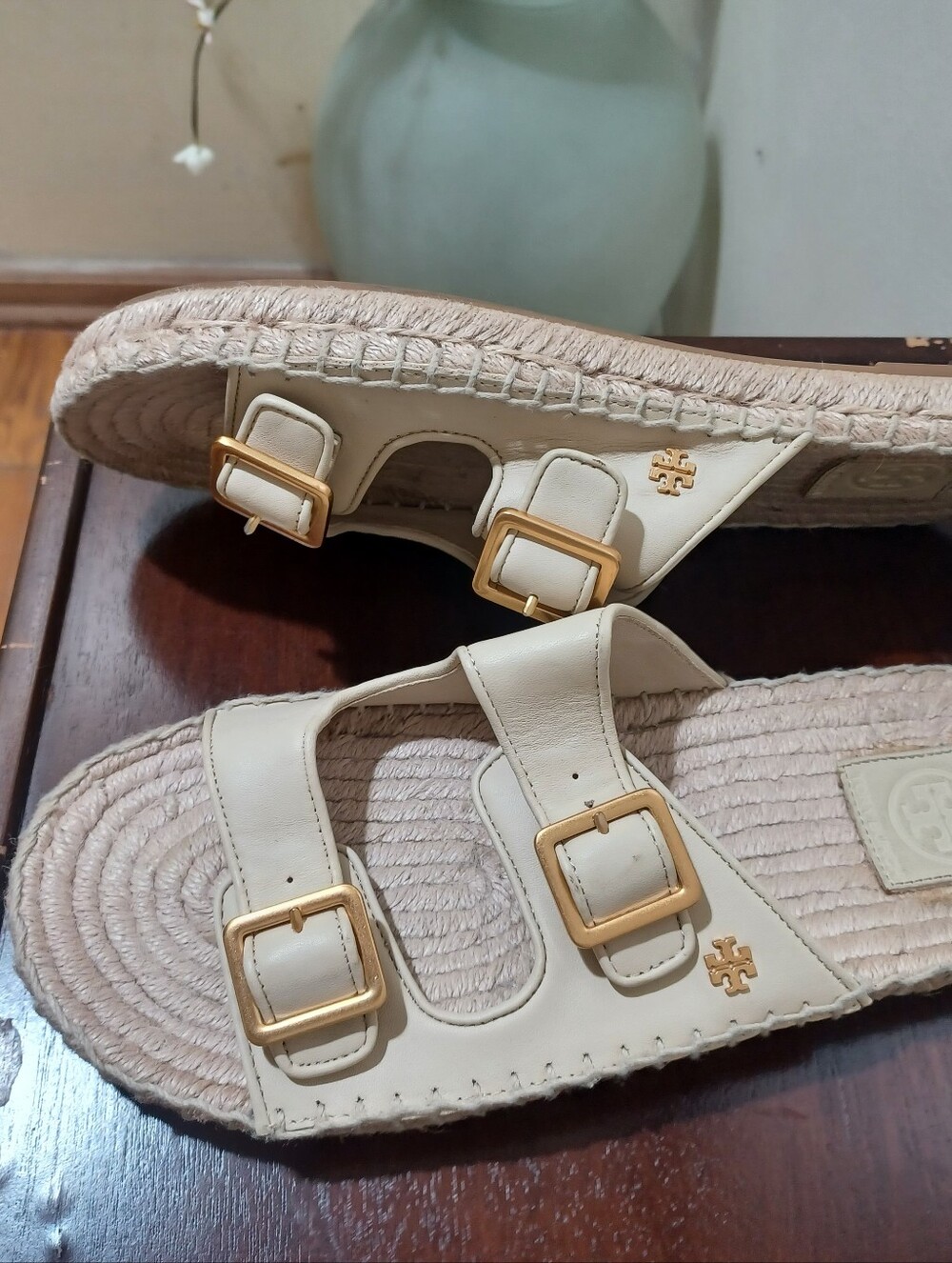 Tory Burch Cream Leather Double Buckle Espadrille Slides - Picture 6 of 7